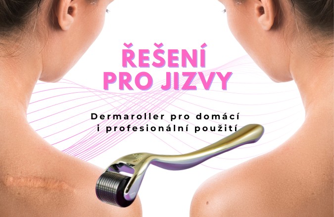 Žena s jizvou na rameni a dermaroller na řešení. Žena bez viditelné jizvy.